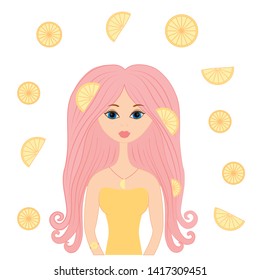 A girl surrounded by citrus wedges on a white background.