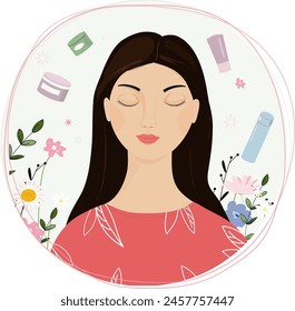 girl surrounded by flowers and cosmetics