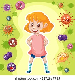 Una niña rodeada por una ilustración de fondo de gérmenes