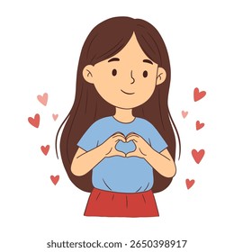 Menina cercada por corações fazendo gesto de mão em forma de coração, vetor de desenhos animados para o amor