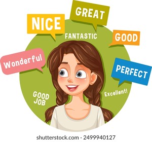 Girl surrounded by positive affirmation speech bubbles