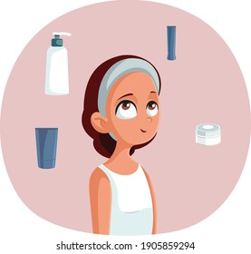 Girl Surrounded by Skin Care Cosmetic Products. Young woman having a beauty routine according to her skin type
