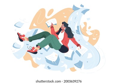 Girl surrounded with pile of documents vector illustration. Stressed office clerk with papers flat style. Deadline, overwork, stress concept