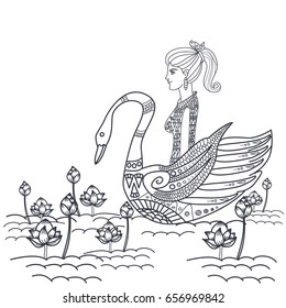 girl with a swan and butterfly among the flowers. Doodle drawing.Coloring book anti stress for adults and children.