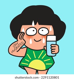 Girl Sweat Flows Down Her Face With Drop, Holding A Glass Of Water For Staying Hydrated In Summer Concept Card Character illustration