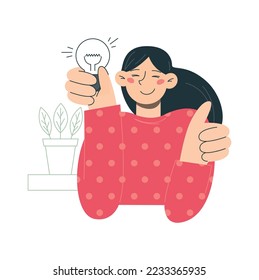 Girl in sweater with a bulb in her hands. Vector flat minimalist illustration