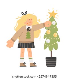 Girl in sweater decorates a Christmas tree. Cute flat vector children illustration in cartoon style.Template for New Year or Christmas greeting card