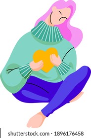 
A girl in a sweater with pink hair, sits in Turkish, holds a heart in her hands. Valentine's day card