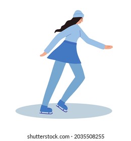 A girl in a sweater and a skirt is skating on ice. Flat vector illustration. winter holidays and fun