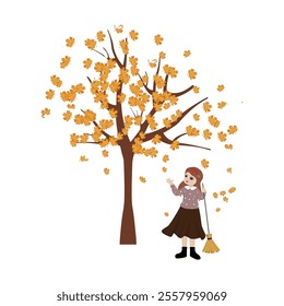 girl sweeping fallen leaves in autumn