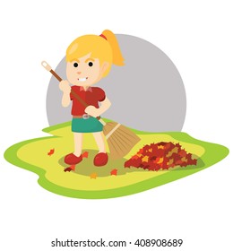 girl sweeping falling mapple leaf 