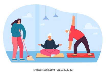 Girl sweeping in gym flat vector illustration. Cleaning woman working while elderly couple exercising or doing yoga. Cleaning service, occupation concept for banner, website design or landing web page