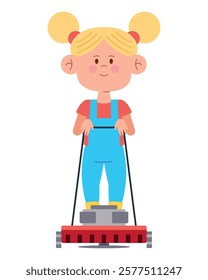 A girl sweeping a yard with a broom in cartoon style