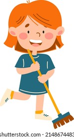 The girl sweeps. Flat vector illustration.