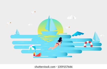 Girl swim on the beach and sea stuff with paper cut layer style vector illustration - Vector