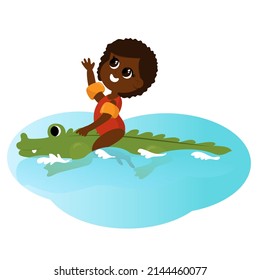 A girl swim on an inflatable crocodile mattress. Summer vacation on the beach in cartoon style. Vector illustration isolated on white background.