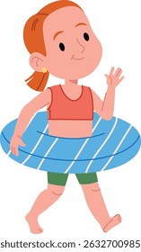 Menina com um anel de natação em um estilo de desenho animado divertido. Criança usando um tubo flutuante e acenando alegremente. Ilustração de vetor de desenhos animados