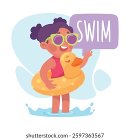 Girl Swim with Rubber Ring as Verb Study with Little Kid Demonstrating Activity Vocabulary Vector Illustration