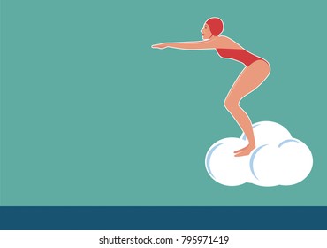 Girl swimmer in position to jump from springboard, in a cloud over the sea