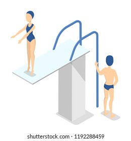 Girl swimmer standing on trampoline in the swimming pool. Young diver in swimming suit. Idea of competition. Isolated vector isometric illustration