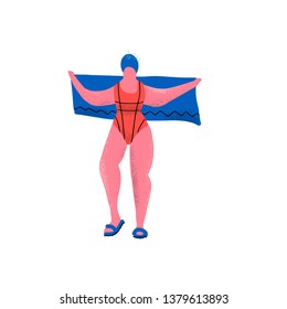 Girl swimmer and things for the pool: swimsuit, towel and swimming cap. Funny plus size woman in flip flops. Flat cartoon style textured hand drawn illustration on white background