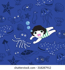 Girl Swimming Among Sea Animals In The Deep Blue Ocean illustration