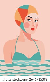 A girl in a swimming cap and a swimsuit swims in the waves