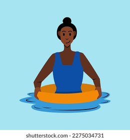 girl swimming with floaters in swimming pool. summer theme cartoon vector illustration. Half body person. happy, smiling, and enjoying.