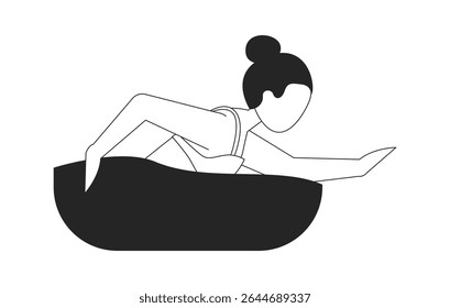 Girl swimming front crawl in water pool 2D line character. Swimwear young woman hair bun in freestyle stroke isolated vector ink outline person faceless. Monochromatic spot illustration
