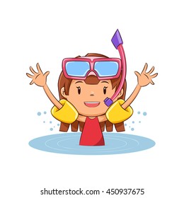 Girl swimming, inflatable armbands, vector illustration