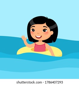 Girl swimming with inflatable ring flat vector illustration. Beautiful asian child having fun in water, waving hand. Cheerful kid in swimsuit enjoying summer activities color cartoon character
