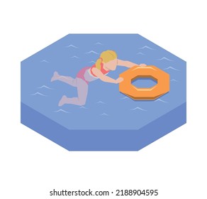 Girl swimming with inflatable ring in pool or sea 3d isometric vector illustration