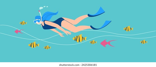 Girl in a swimming mask and fins is snorkeling in  sea. Vector illustration.