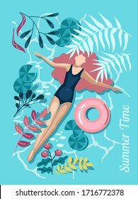 Girl is swimming in the ocean in the hot summertime