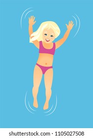 Girl swimming on the back in the water. Vector illustration