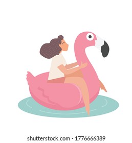 girl swimming on pink flamingo float vector