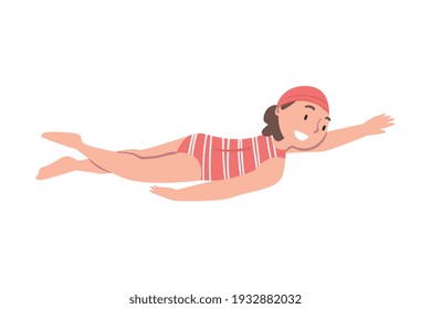 Girl Swimming in Pool, Cute Kid Swimmer Character in Red Striped Swimsuit and Cap Training at Class, Healthy Lifestyle, Water Activities Concept Cartoon Style Vector Illustration