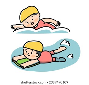 Girl in  swimming  in pool during swimming lesson.