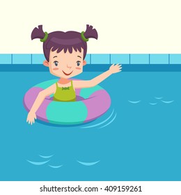 Girl in a swimming pool. vector illustration of girl floating with inflatable circle