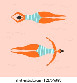 Girl swimming and relaxing on the back and abdomney in the water. Woman, wearing blue striped swimsuit on the pink water background. Seaside, beach or swimming pool. Vector cartoon flat illustration