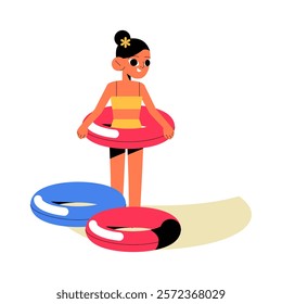 Girl With Swimming Ring And Life Buoys In Flat Vector Illustration Symbolizing Summer, Safety, And Outdoor Activities, Isolated On White Background