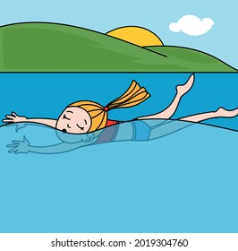 girl swimming in the sea. girl practicing swimming