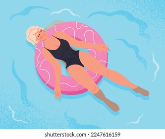 Girl swimming in sea. Young girl lies in water on pink rubber lifebuoy. Vacations and vacations in tropical and exotic countries. Hot weather and summer season. Cartoon flat vector illustration