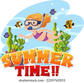 A girl swimming snorkeling underwater illustration