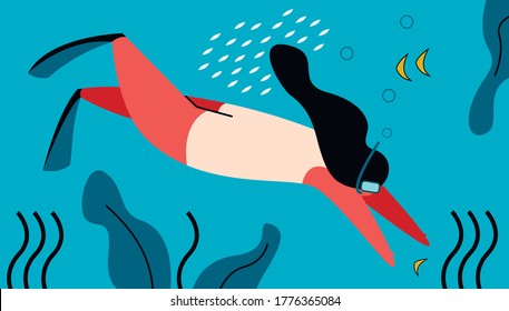 Girl swimming underwater. Diver snorkeling under water and scuba diving, freediving concept. Women swimming with marine mask. Travel in sea, ocean. Flat vector illustration.