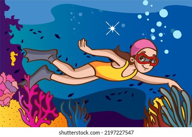 girl swimming underwater vector illustration.Snorkeling Girl with Underwater Swimming Exploring Sea, Coral Reef or Fish in the Ocean in Flat Cartoon Vector Illustration.