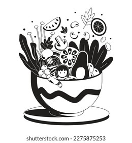 Girl swimming in a vegetables bowl fantasy concept black and white illustration.