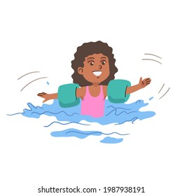 Girl swimming in water on summer vacations. Little child having fun in inflatable tools on arms vector illustration. Kid spending holidays in seaside or swimming pool on white background.