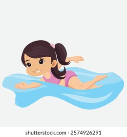 Girl Swimming in Water Vector Illustration. A happy girl is swimming in clear blue water, enjoying her time with a bright smile on her face