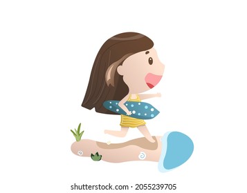 Girl in swimming wear holding surfboard run to sea, vacation, holiday, relax, vector